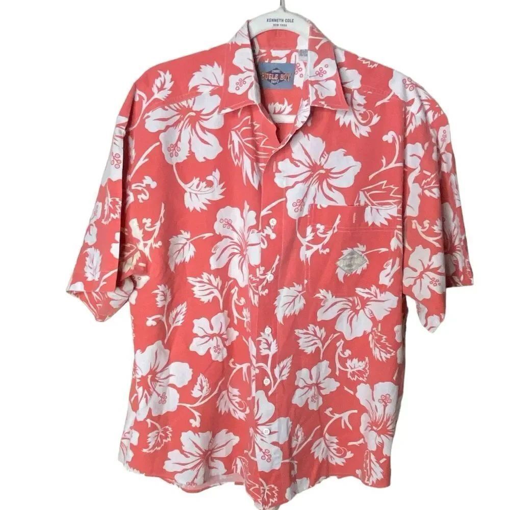 Bugle Boy Original Classic Mens Sz XL Pink White Tropical Hawaiian Print Vintage